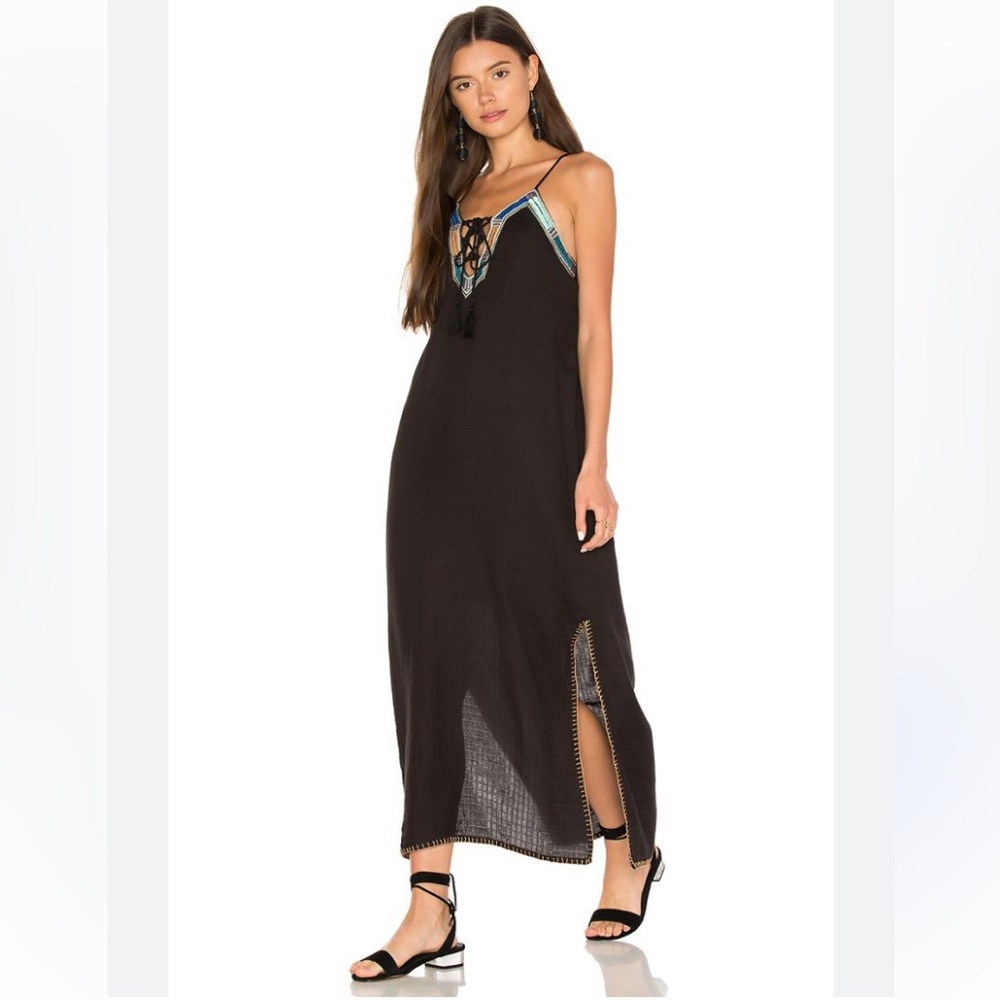 NWT Boemo Levisa Embroidered Strappy Halter tie Neck cotton boho side slit dress